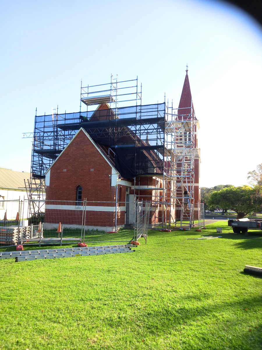 Scaffolding built by South Gippsland Scaffolding business Scaffdex on a historical church requiring a roof restoration.